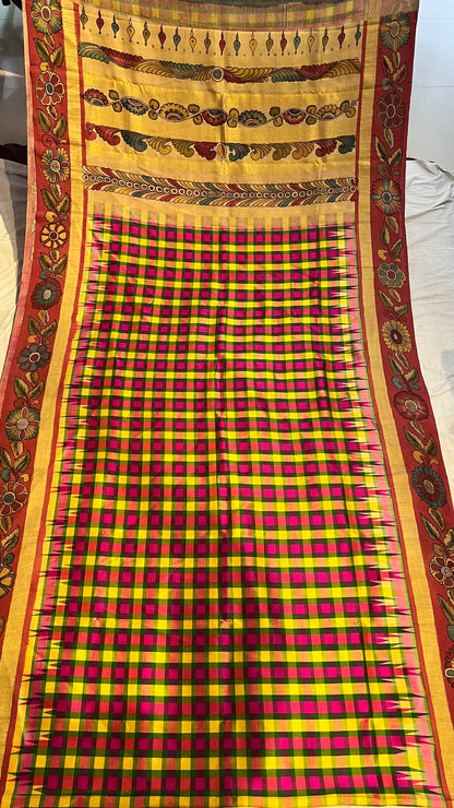 Pen Kalamkari on Pure Kanchi Pattu ✨