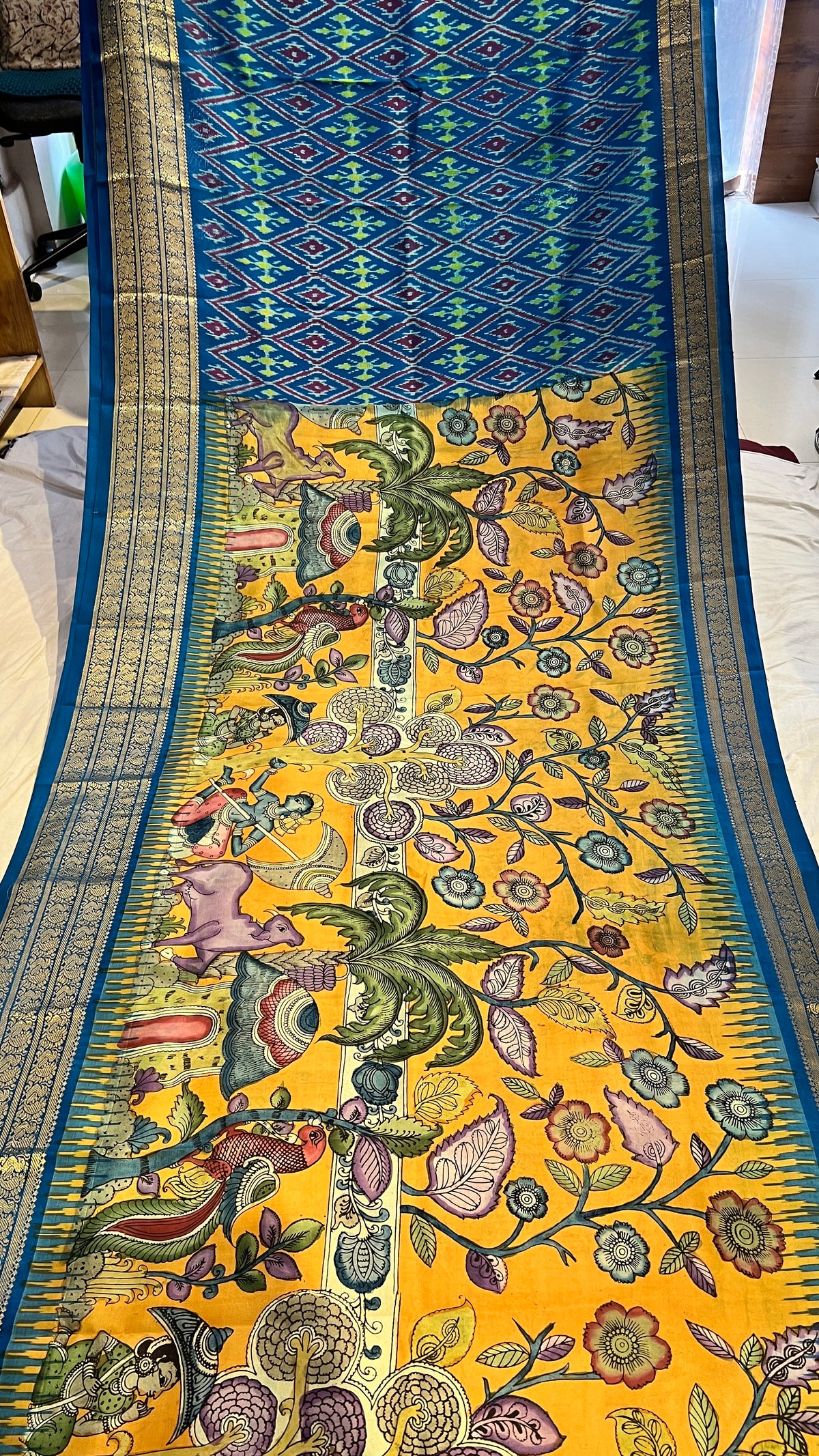Pen Kalamkari ikkath Pattu Kanchi border Saree