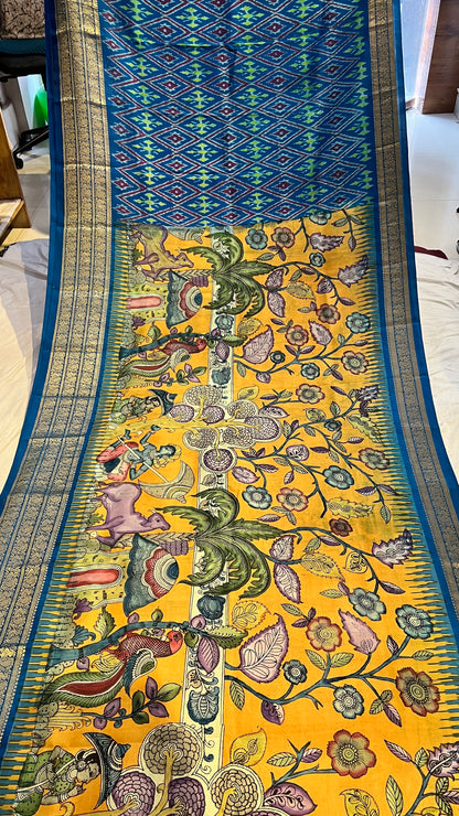 Pen Kalamkari ikkath Pattu Kanchi border Saree