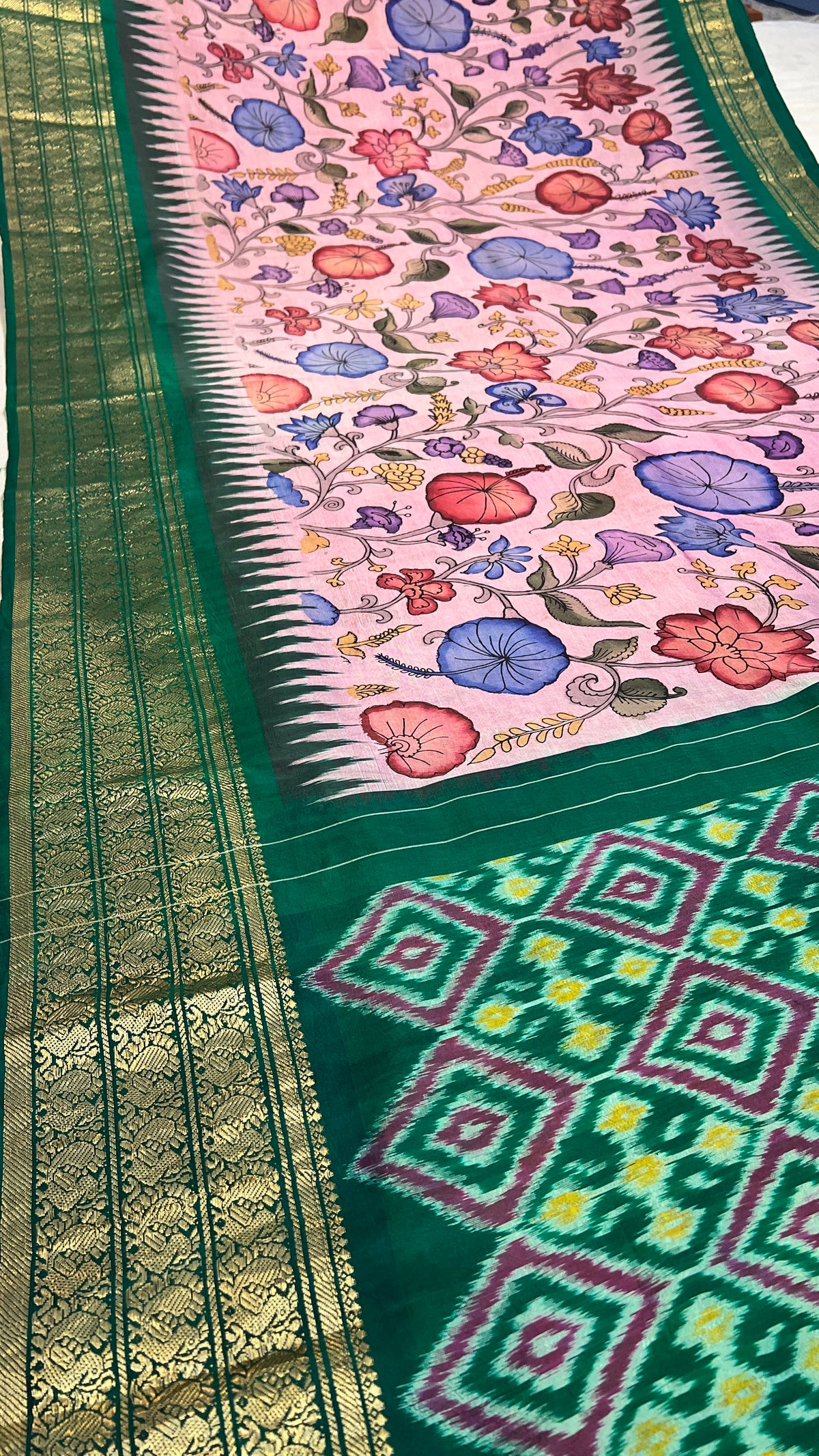Pen Kalamkari Ikkath Pattu Kanchi Border Saree