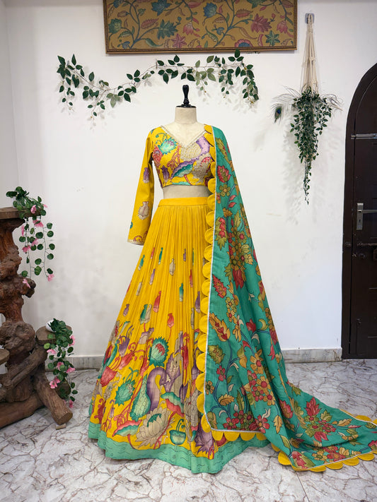 Golden Cranes – Pen Kalamkari Lehenga