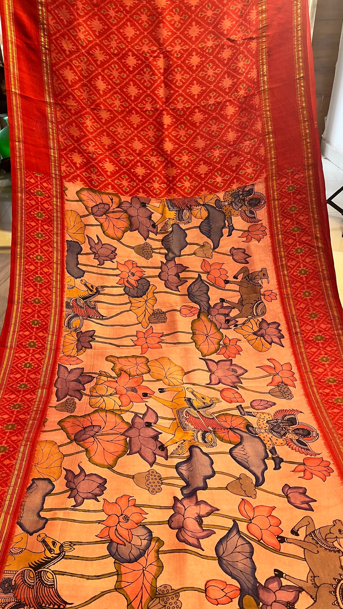 Pen Kalamkari Ikkath Pattu Saree