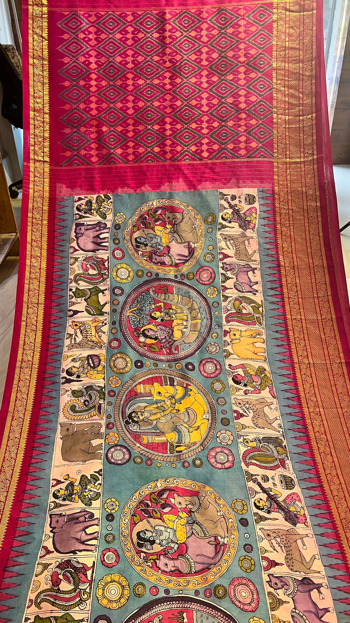 Pen Kalamkari Ikkath Pattu Kanchi Border Saree