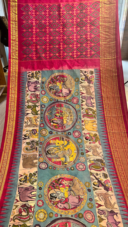 Pen Kalamkari Ikkath Pattu Kanchi Border Saree