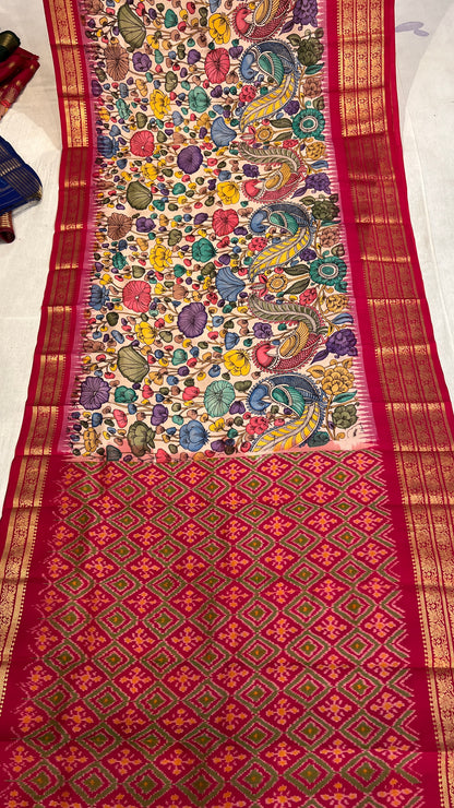 Pen Kalamkari Ikkath Pattu Kanchi Border Saree