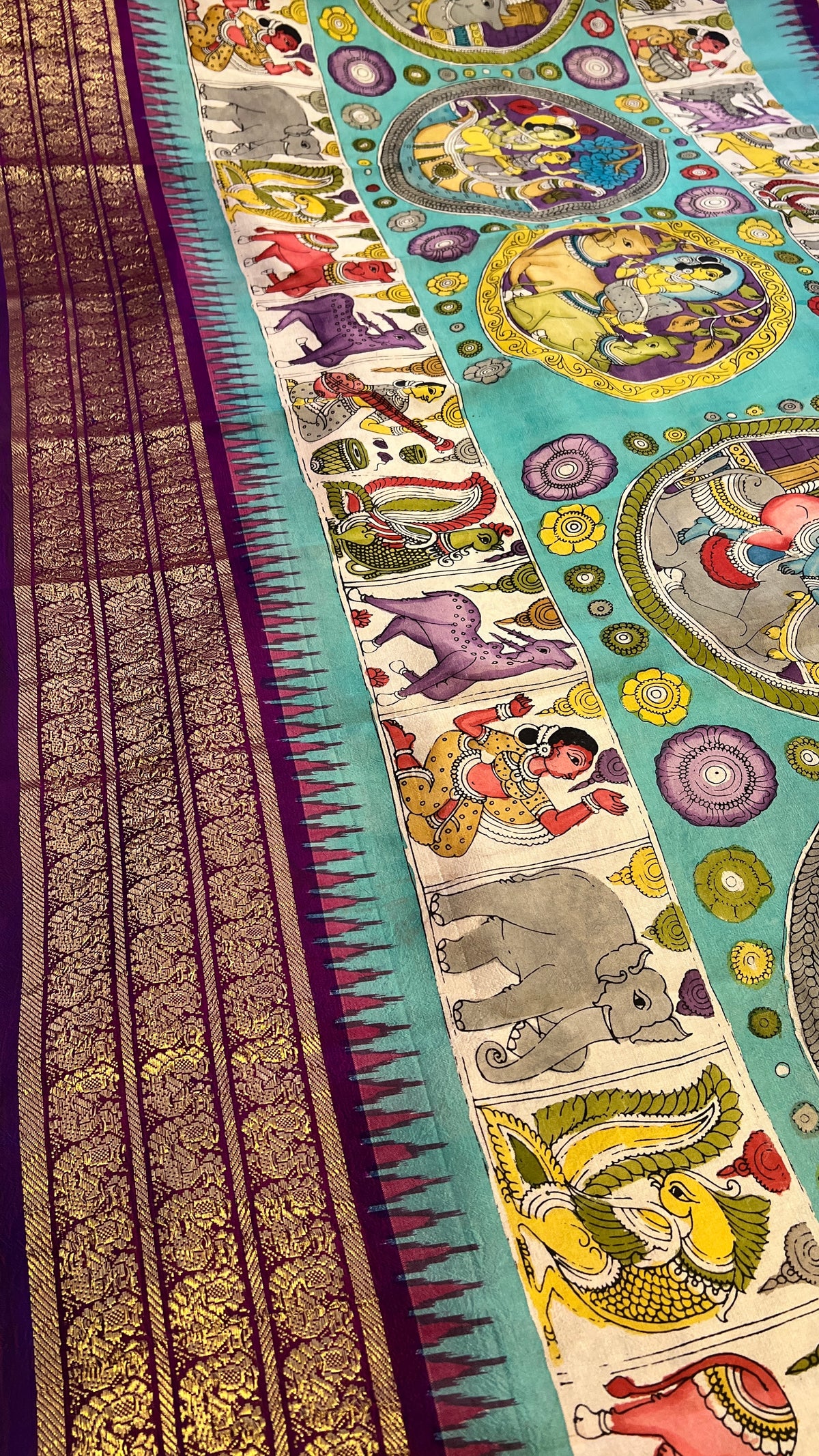 Pen Kalamkari ikkath Pattu Kanchi border Saree