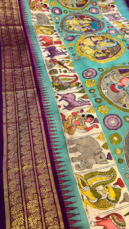Pen Kalamkari ikkath Pattu Kanchi border Saree