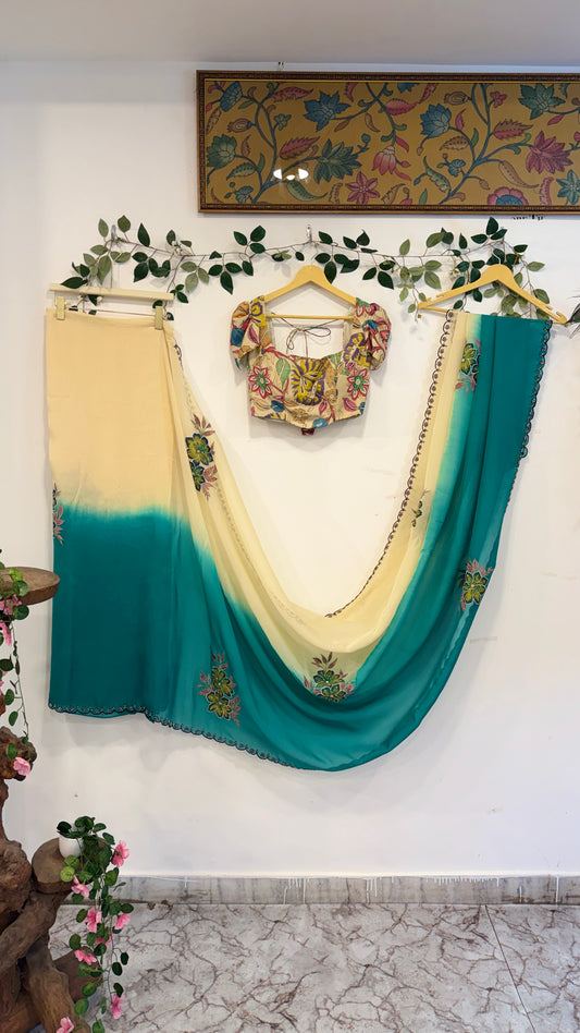 Pen Kalamkari dual shade organza saree