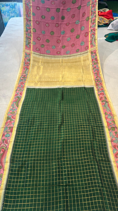 Kanchipattu Checks Saree with Pen Kalamkari Border