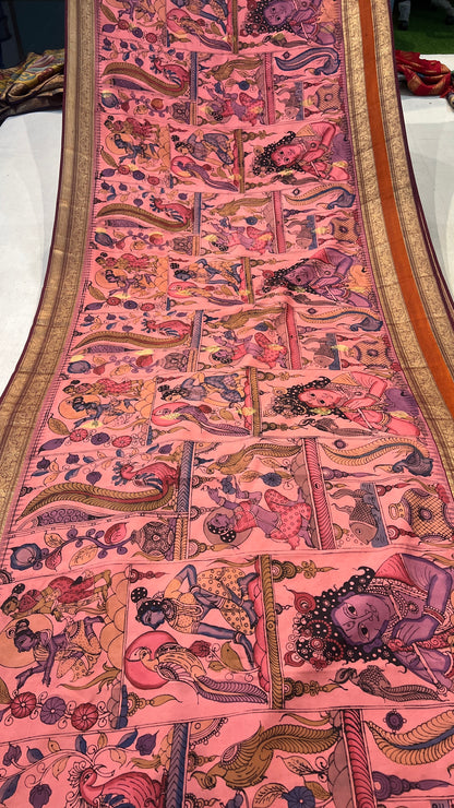 Pen Kalamkari Elegance on Pure Kanchi Pattu