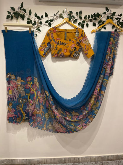 Blue Kalamkari Organza Elegance