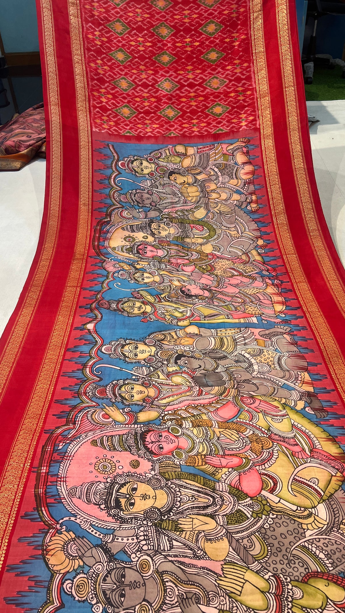Pen Kalamkari ikkath Pattu Kanchi Gap border Saree