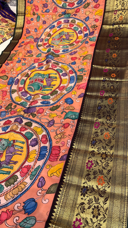 Pen Kalamkari Meenakari Border Kanchi Pattu Saree