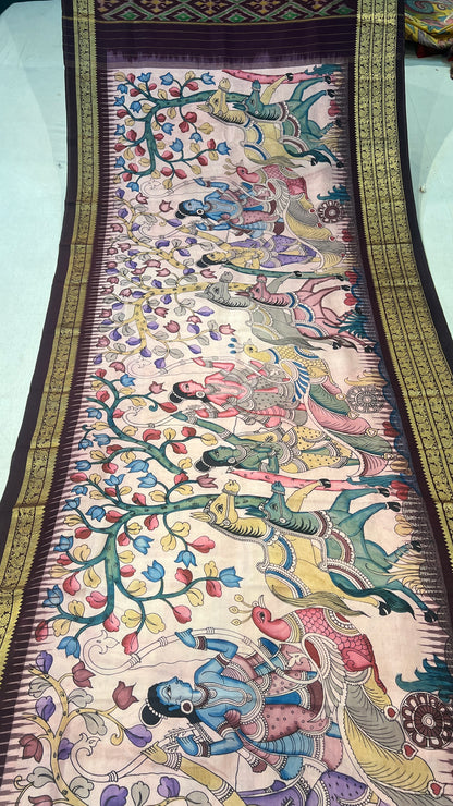 Pen Kalamkari ikkath Pattu Kanchi border Saree