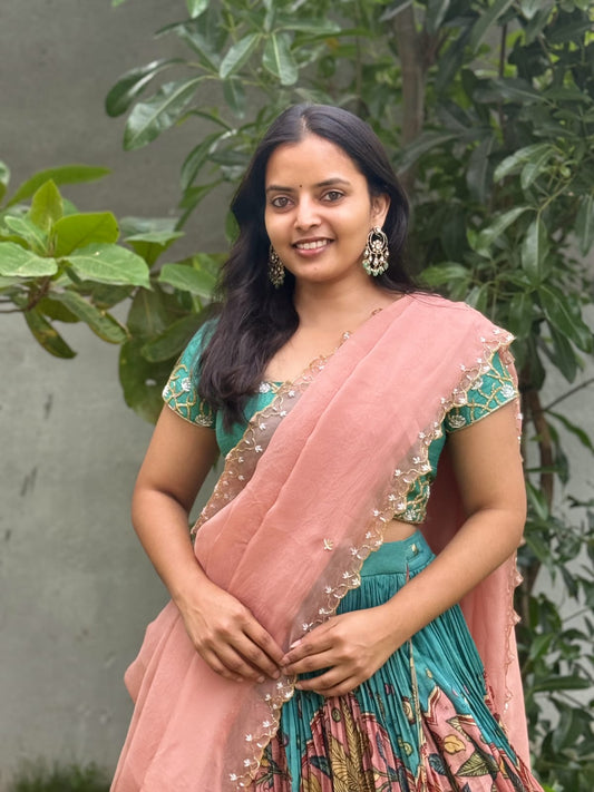 Pen Kalamkari Elephants and floral Bangalore Silk Lehenga