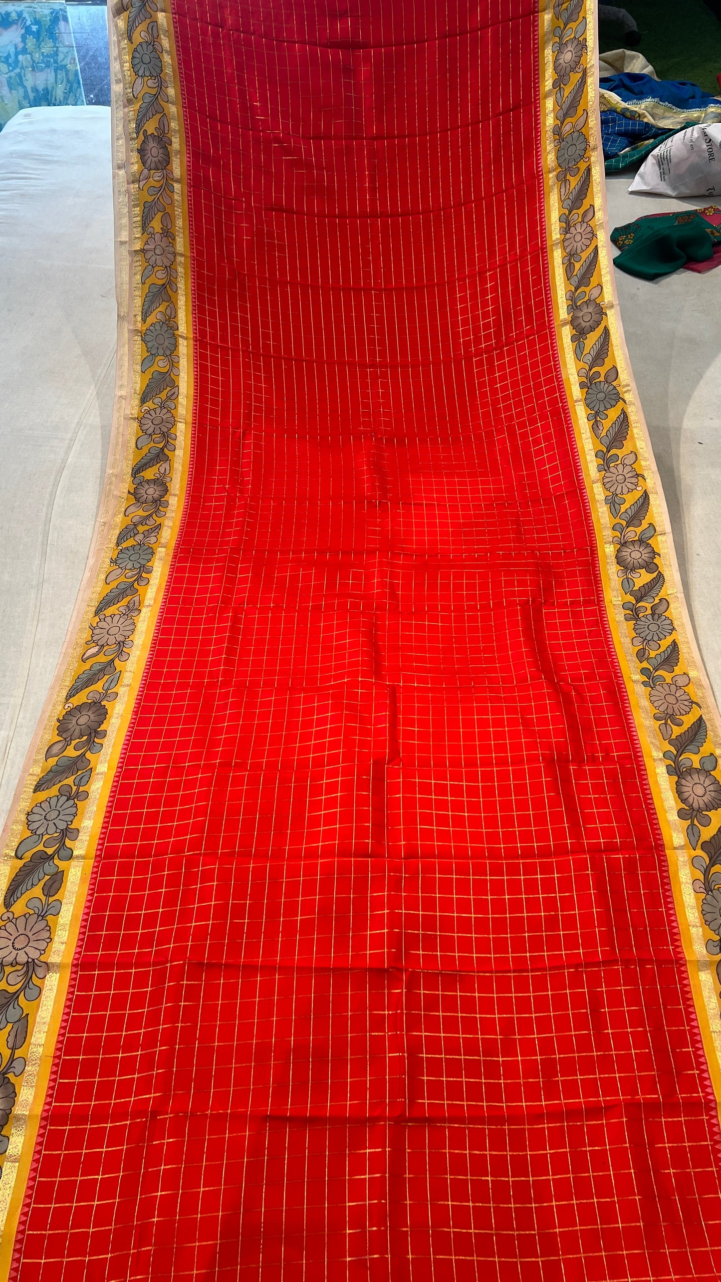 Kanchipattu Checks Saree with Pen Kalamkari Border