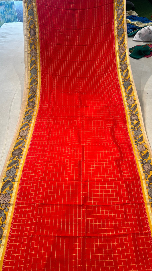 Kanchipattu Checks Saree with Pen Kalamkari Border