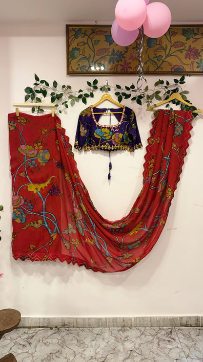 Pen Kalamkari Organza Saree