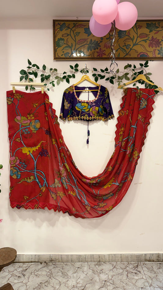 Pen Kalamkari Organza Saree