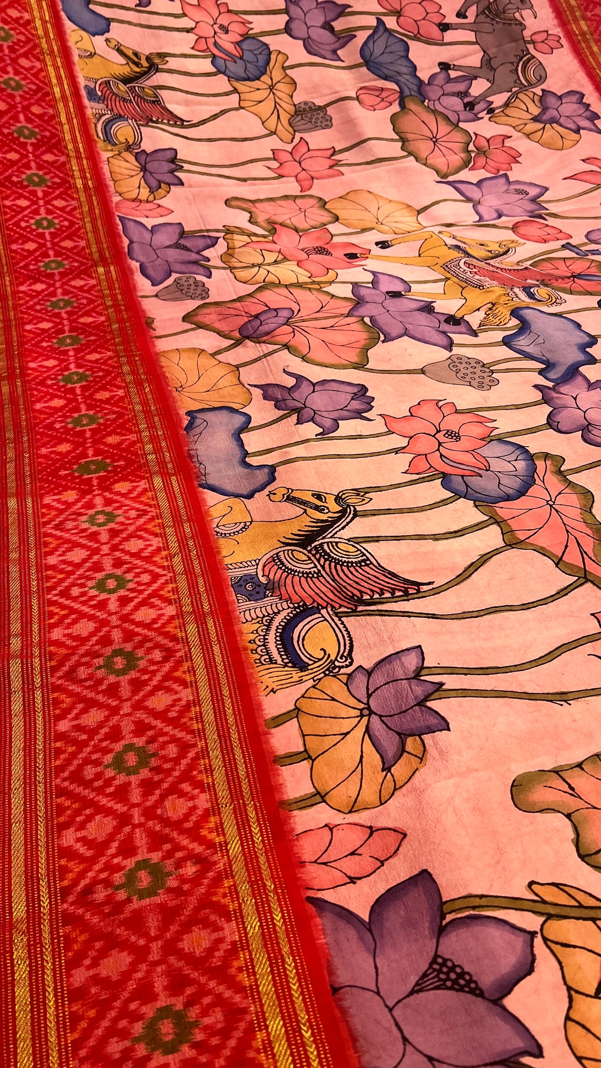 Pen Kalamkari Ikkath Pattu Saree