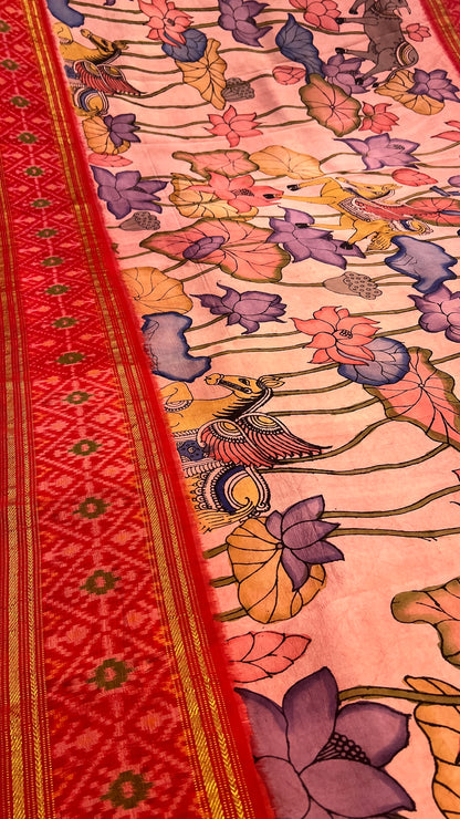 Pen Kalamkari Ikkath Pattu Saree