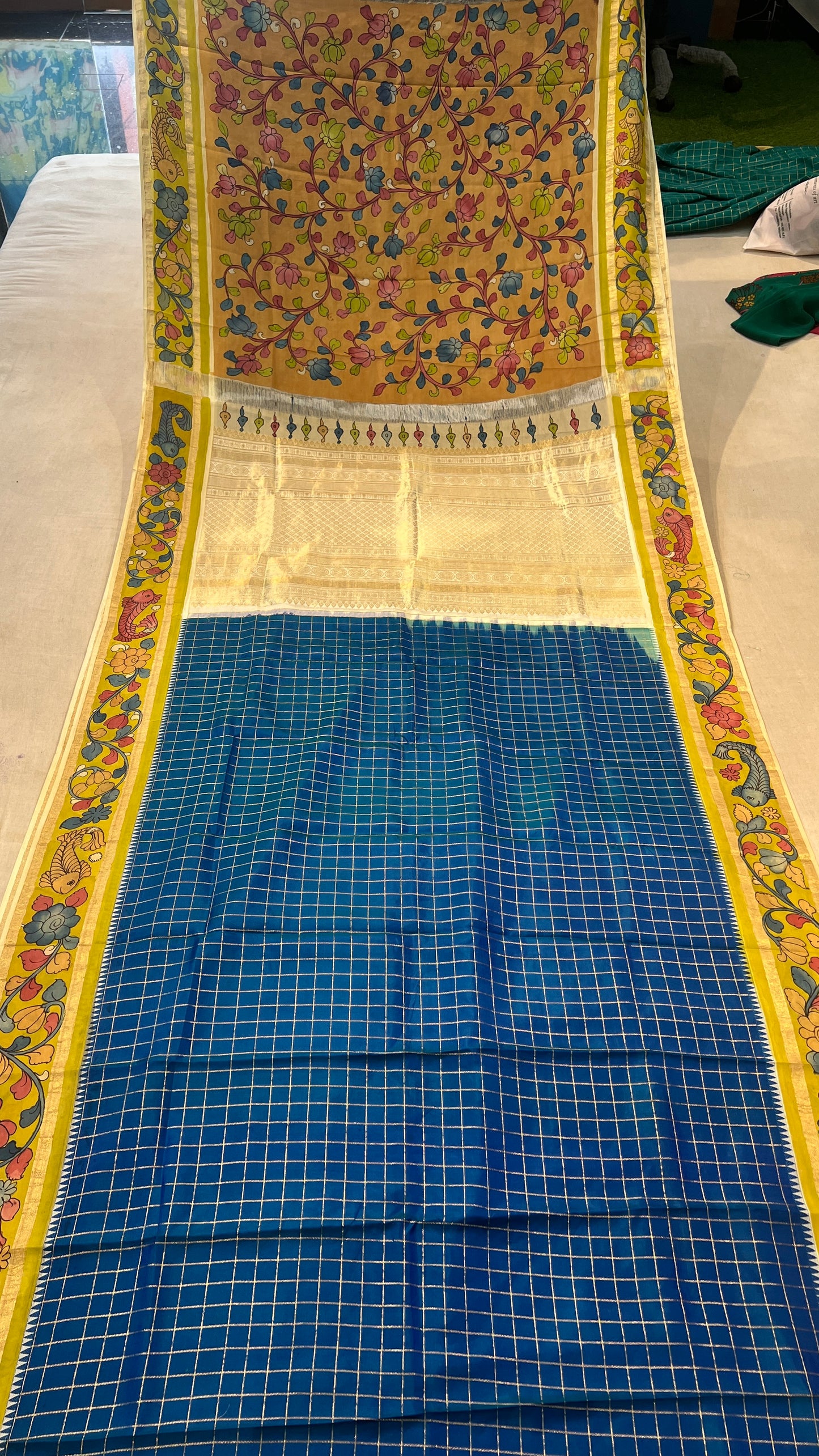 Kanchipattu Checks Saree with Pen Kalamkari Border