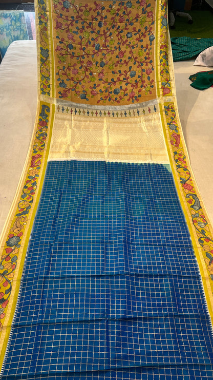 Kanchipattu Checks Saree with Pen Kalamkari Border