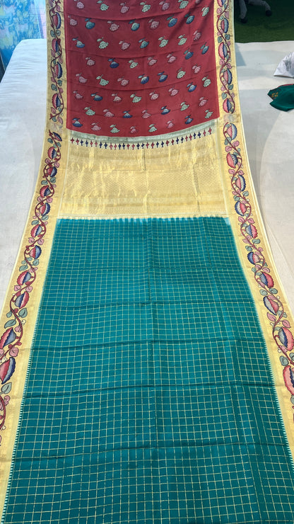 Kanchipattu Checks Saree with Pen Kalamkari Border