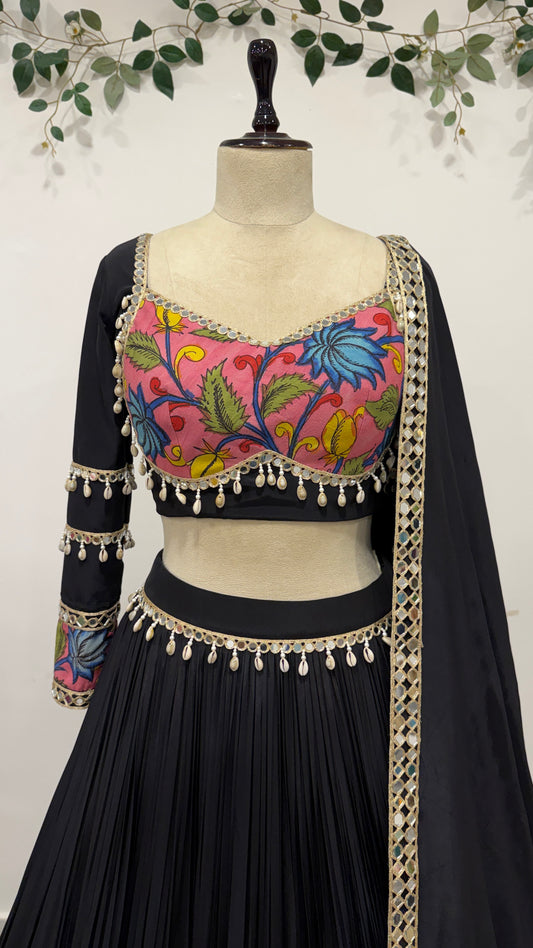 Black Pure Natural Crepe Pen Kalamkari Lehenga Set