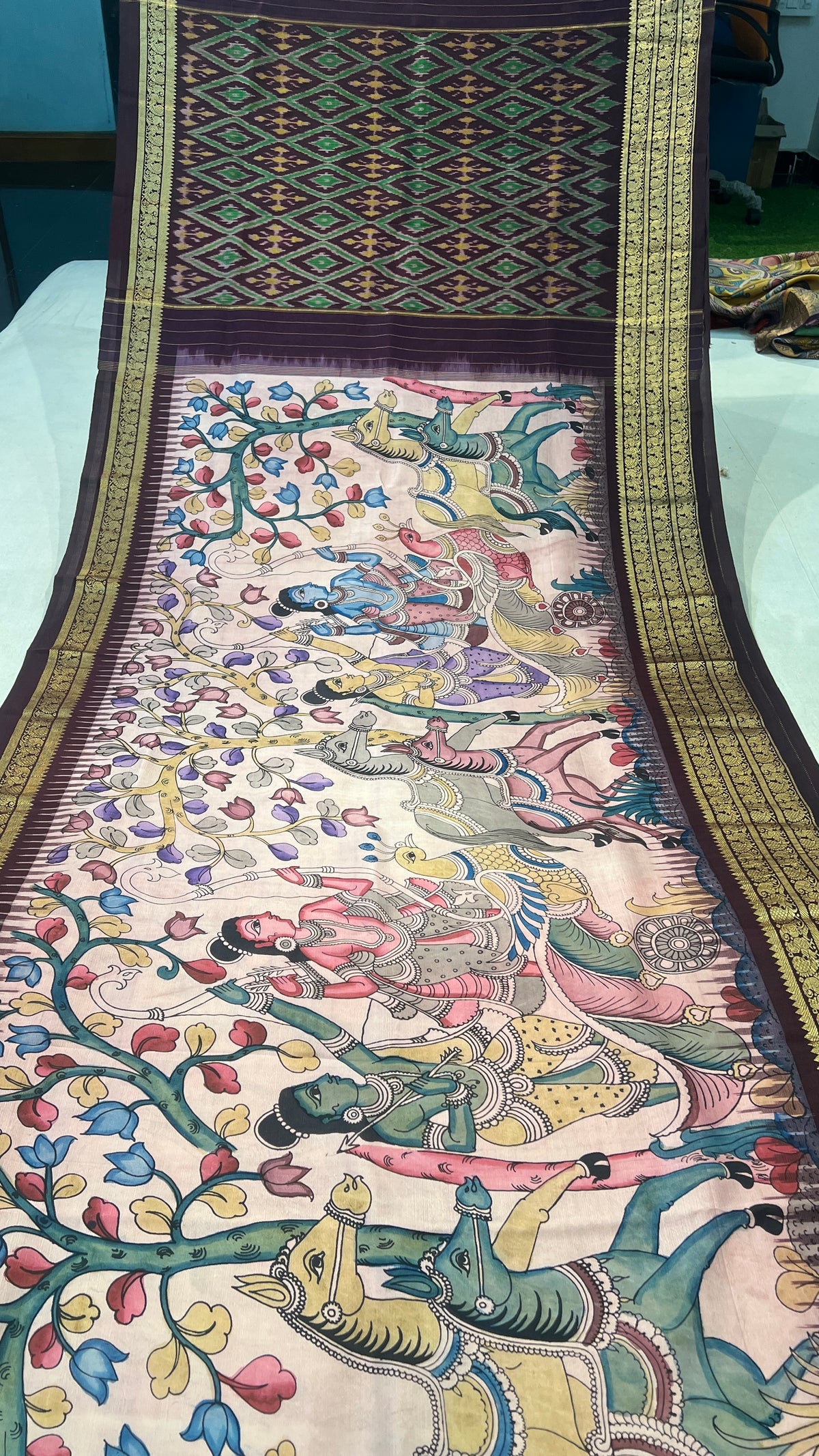 Pen Kalamkari ikkath Pattu Kanchi border Saree
