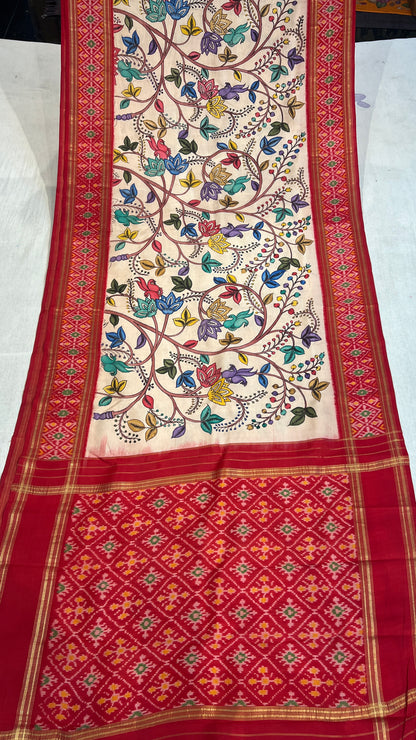 Pen Kalamkari Ikkath Pattu Saree