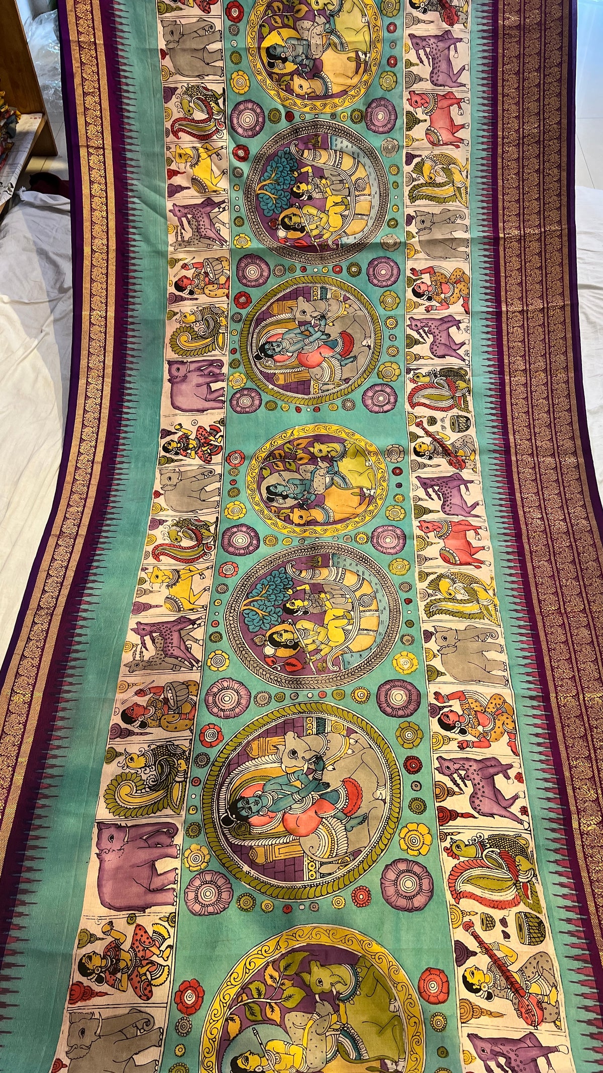 Pen Kalamkari ikkath Pattu Kanchi border Saree