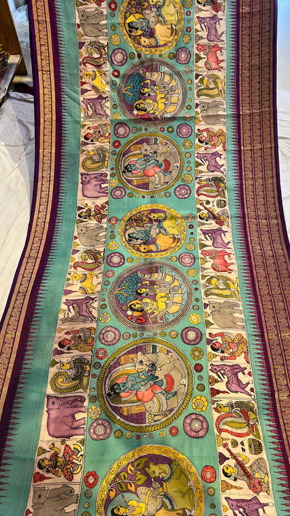 Pen Kalamkari ikkath Pattu Kanchi border Saree