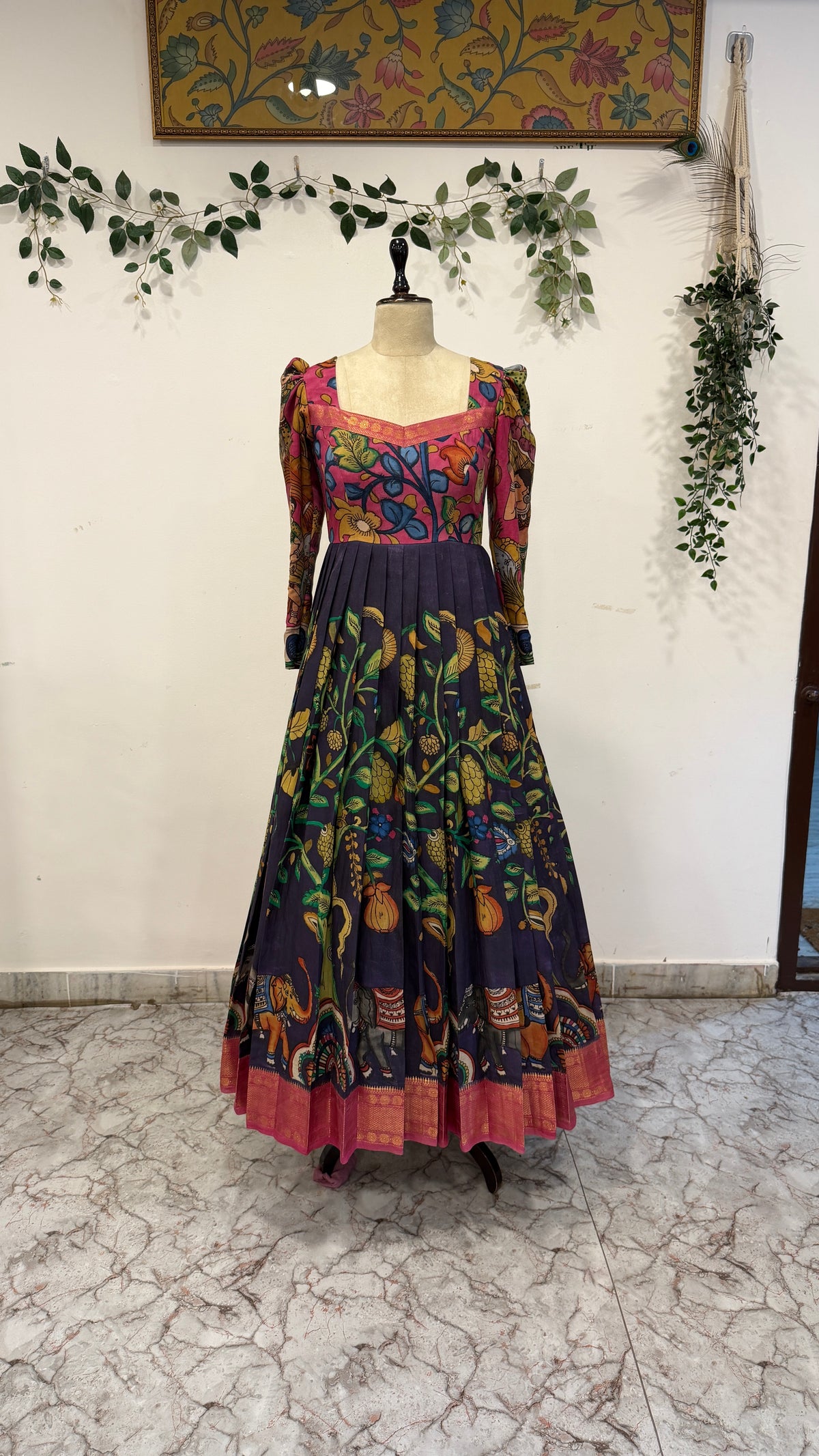 Pen Kalamkari Bangalore Silk Long Frock