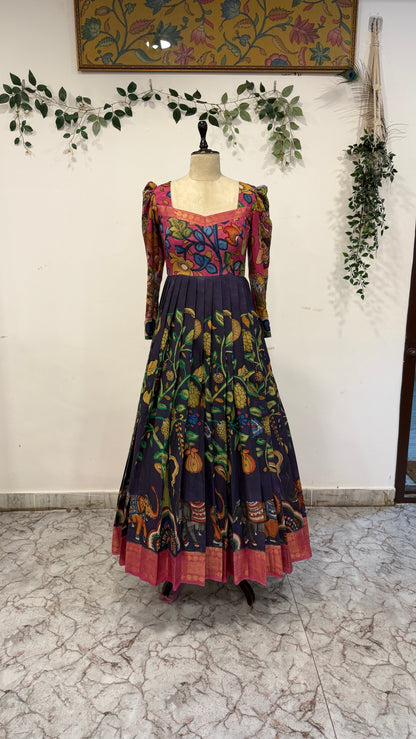 Pen Kalamkari Bangalore Silk Long Frock