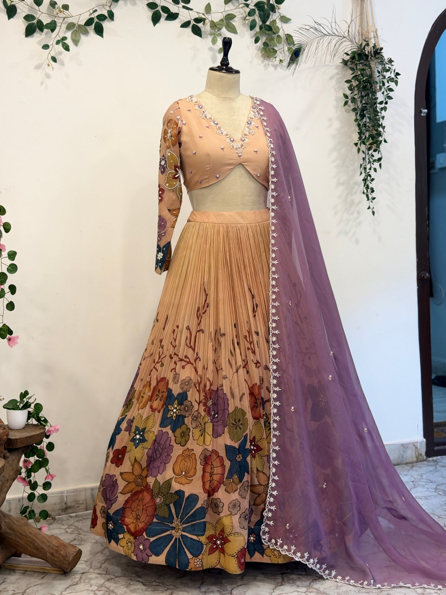 Pen Kalamkari Floral lehenga