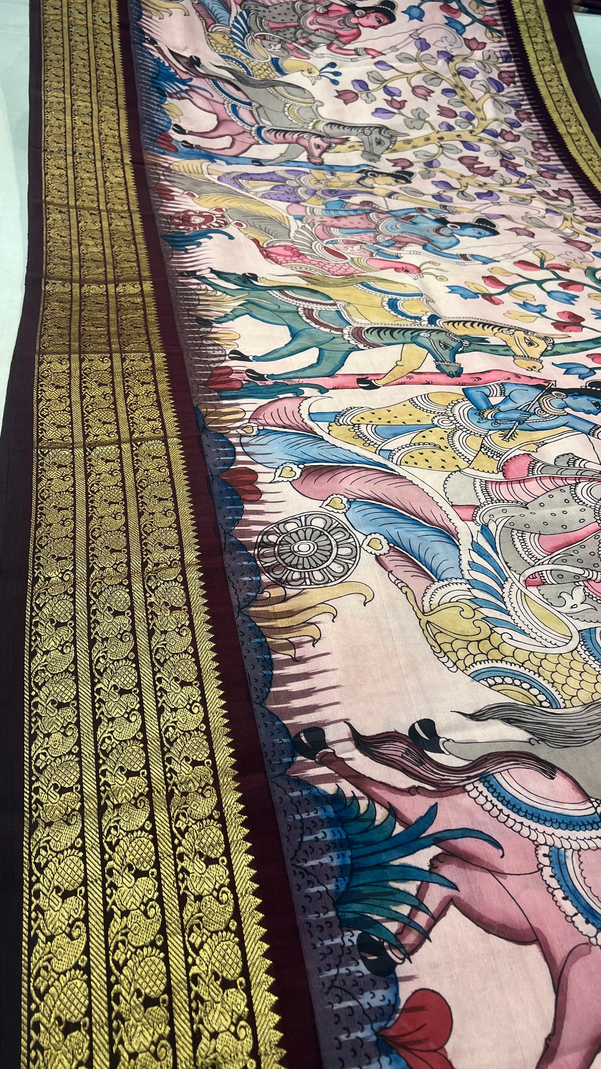Pen Kalamkari ikkath Pattu Kanchi border Saree