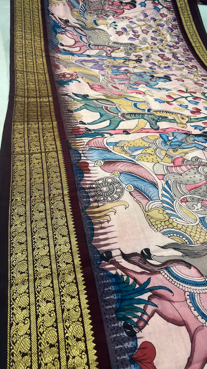 Pen Kalamkari ikkath Pattu Kanchi border Saree