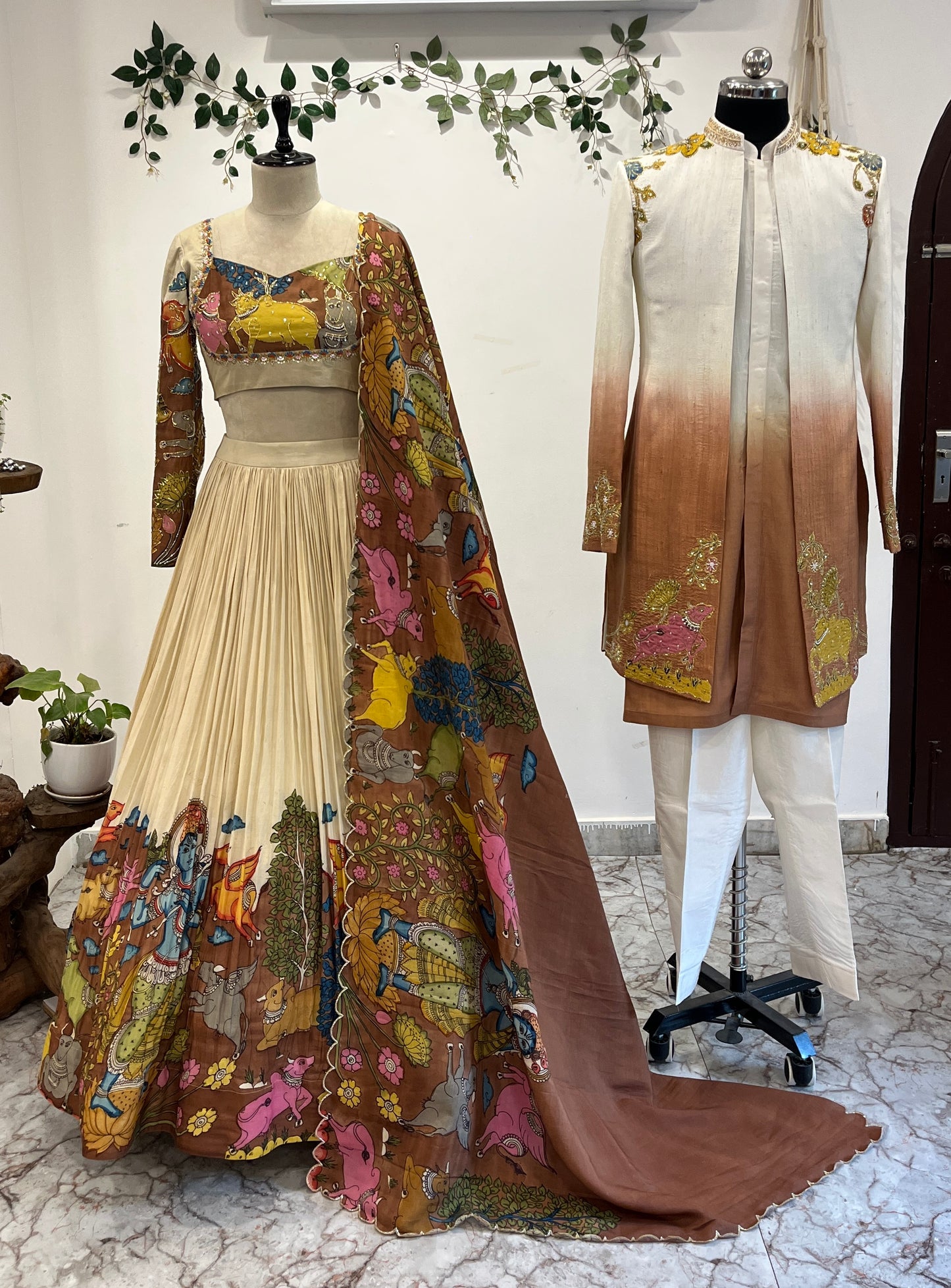 Ganesh theme Lehenga and Men’s Shervani combo