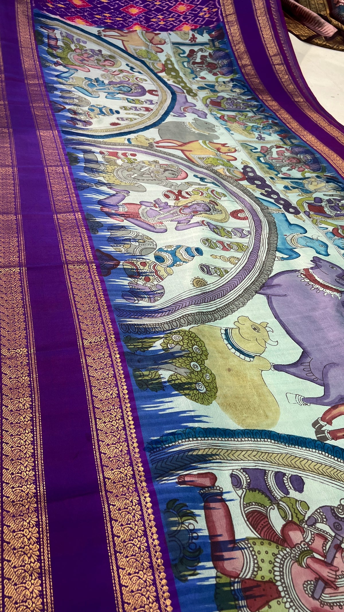 Pen Kalamkari ikkath Pattu Kanchi gap border Saree