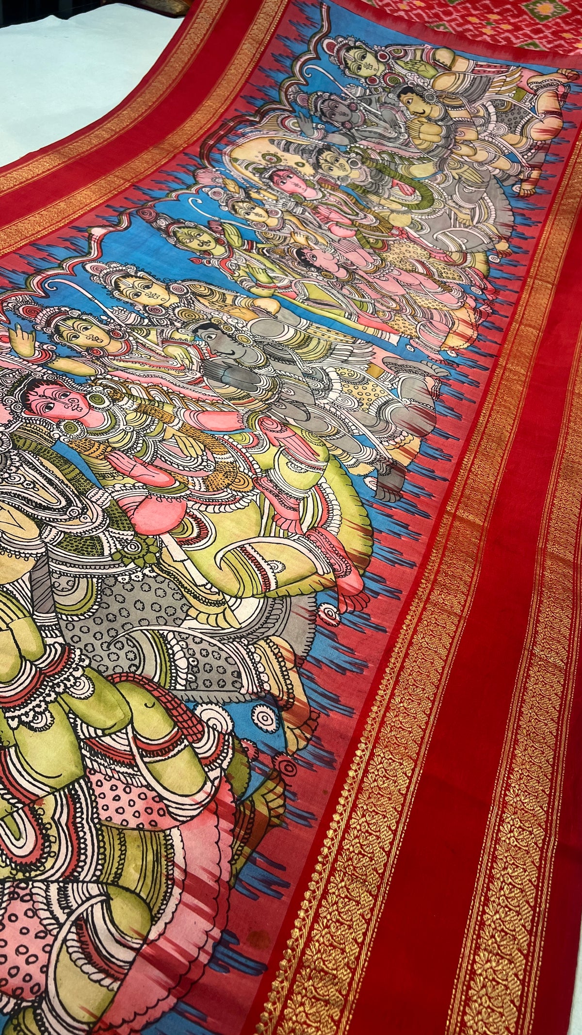 Pen Kalamkari ikkath Pattu Kanchi Gap border Saree