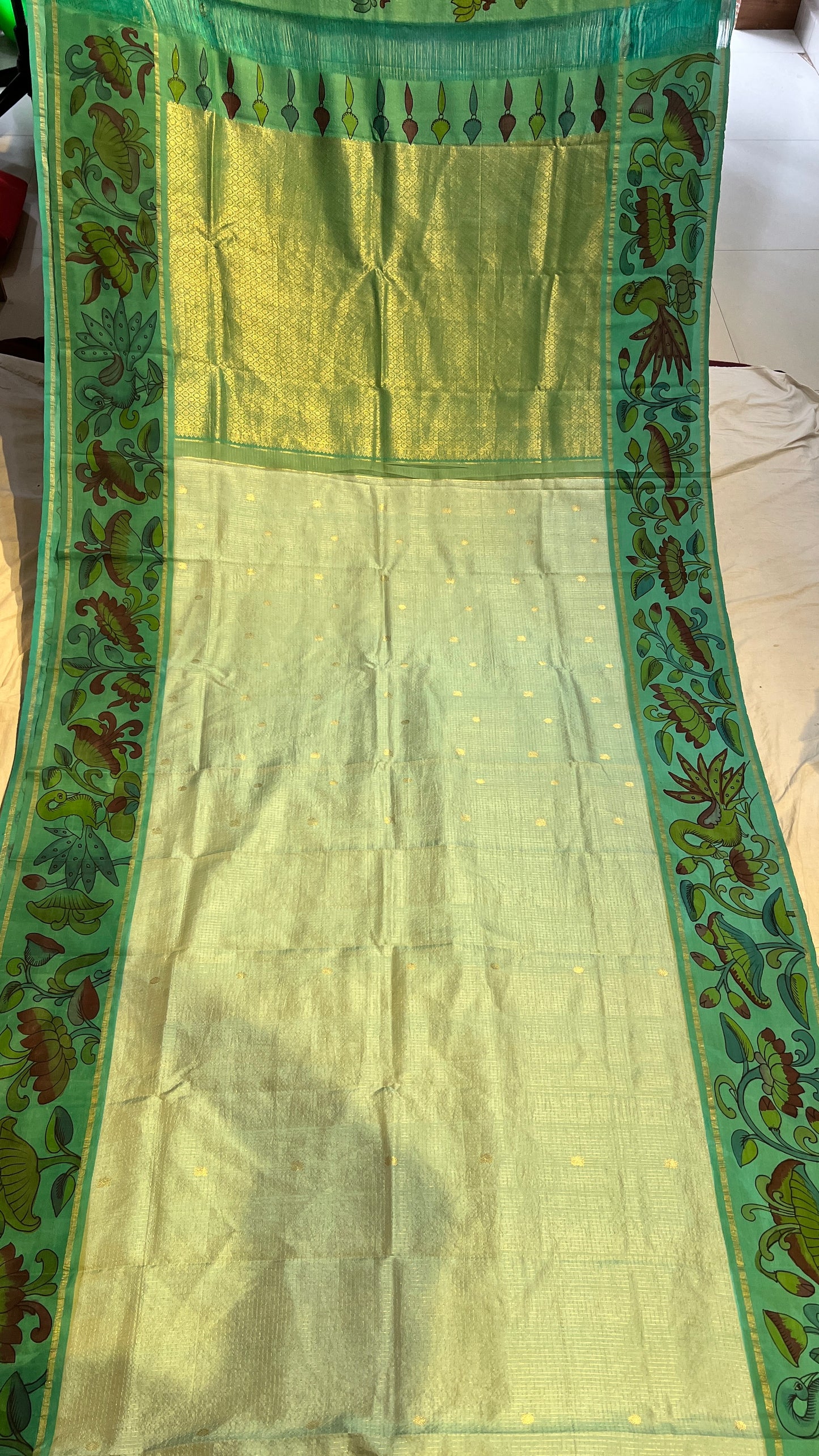 Pen Kalamkari Elegance on Pure Kanchi Pattu