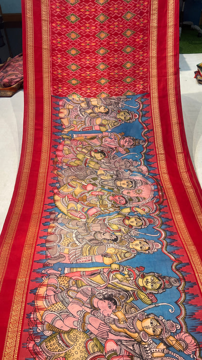 Pen Kalamkari ikkath Pattu Kanchi Gap border Saree