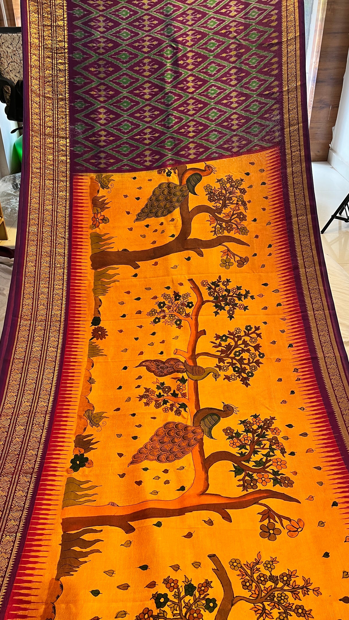 Pen Kalamkari ikkath Pattu Kanchi border Saree