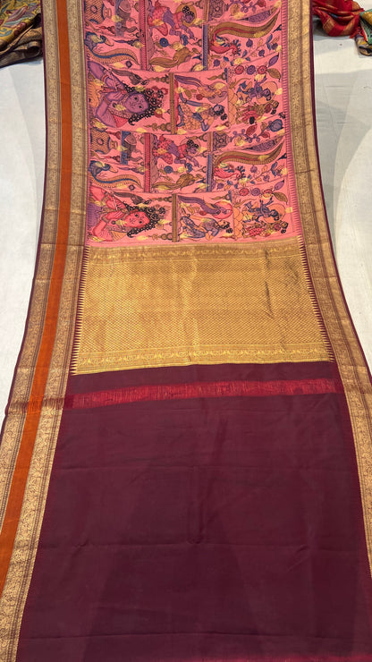 Pen Kalamkari Elegance on Pure Kanchi Pattu