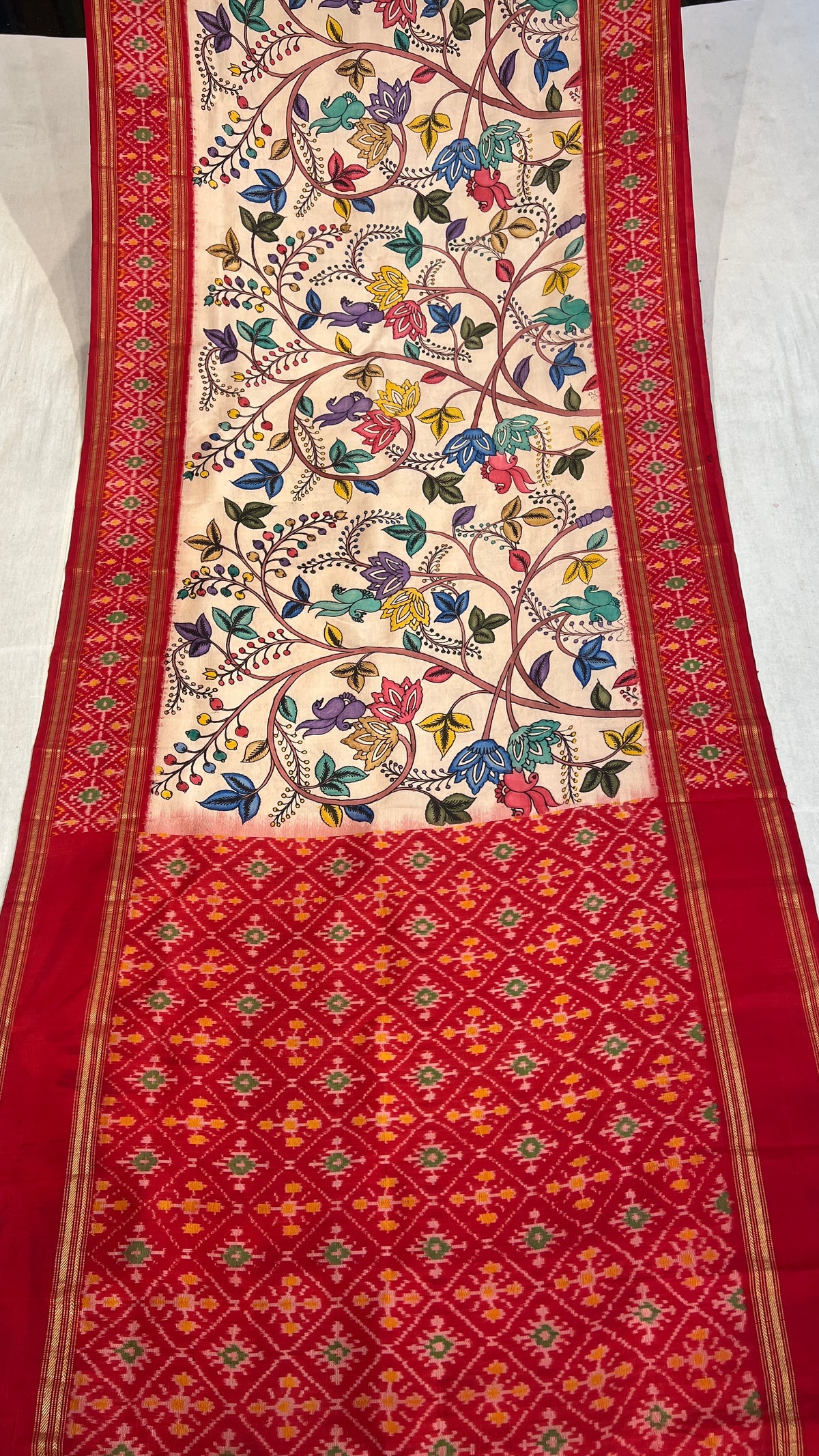 Pen Kalamkari Ikkath Pattu Saree