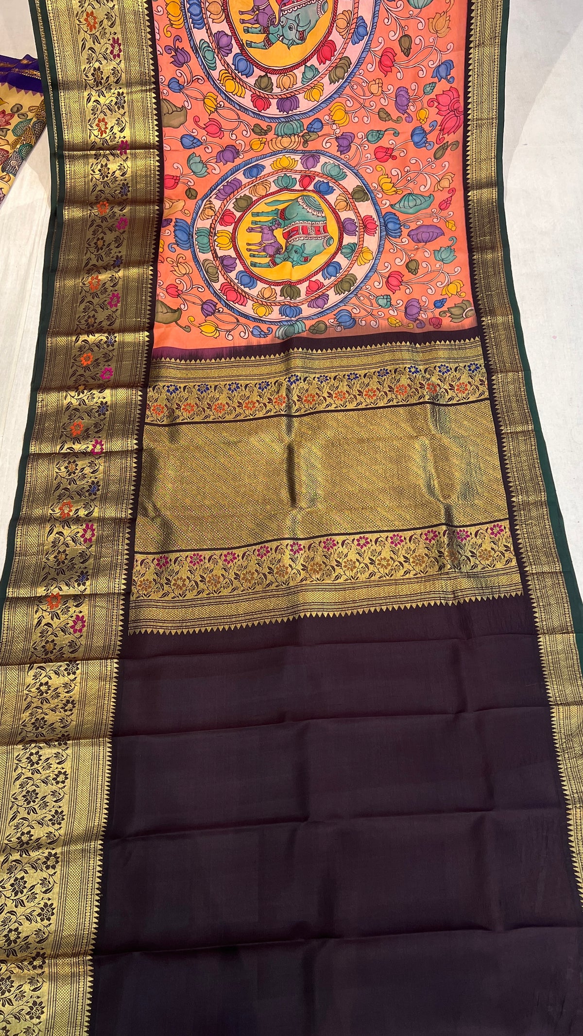 Pen Kalamkari Meenakari Border Kanchi Pattu Saree