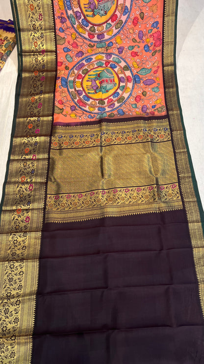 Pen Kalamkari Meenakari Border Kanchi Pattu Saree
