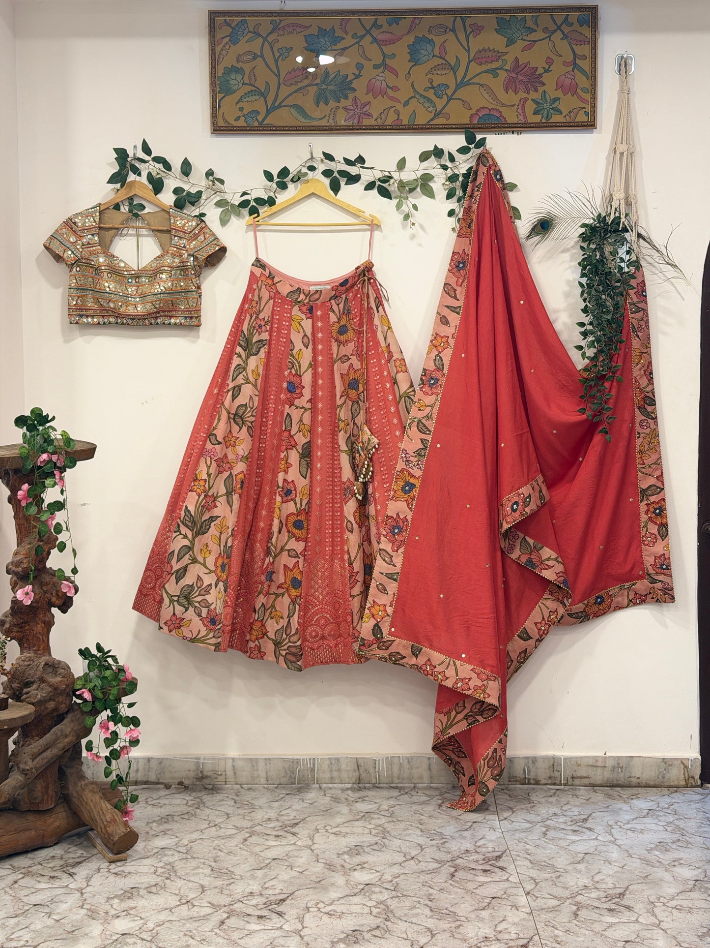 Pen Kalamkari Peach Chikankari Lehenga