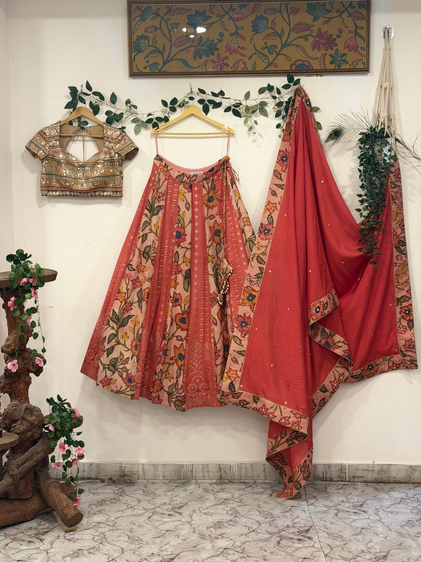 Pen Kalamkari Peach Chikankari Lehenga